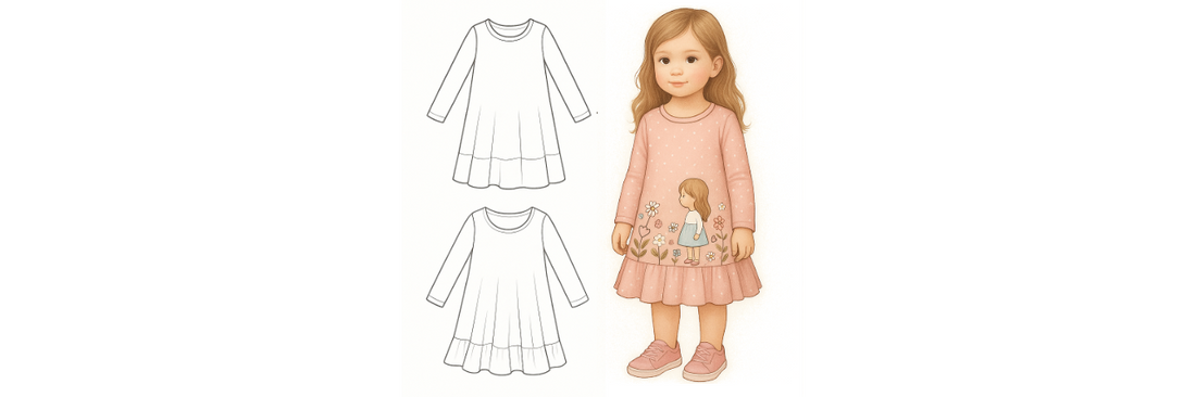 Kleid Luise – Designnähen mit Schnittmuster für Mädchenkleid, Illustration & genähte Beispiele mit Nähzubehör auf hellem Hintergrund