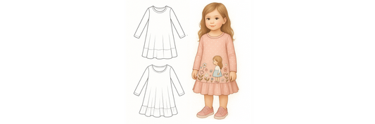 Kleid Luise – Designnähen mit Schnittmuster für Mädchenkleid, Illustration & genähte Beispiele mit Nähzubehör auf hellem Hintergrund