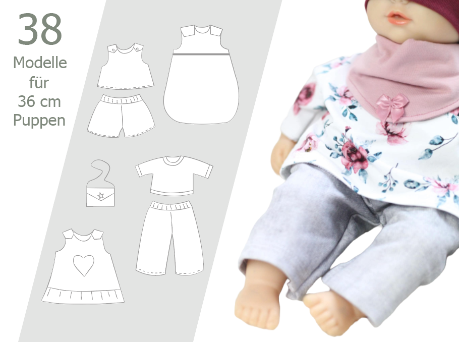 Puppenschnittmuster für 36 cm Puppen – Set mit 38 Modellen für Kleid, Hose, Jacke & mehr – PDF-Download