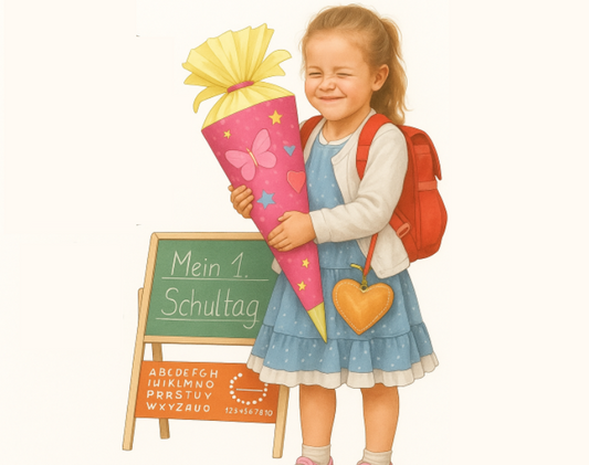 Einschulung mit selbstgenähtem Outfit – genähtes Designbeispiel aus dem Re-Loved-Blogbeitrag von 73engelchen mit Schultüte
