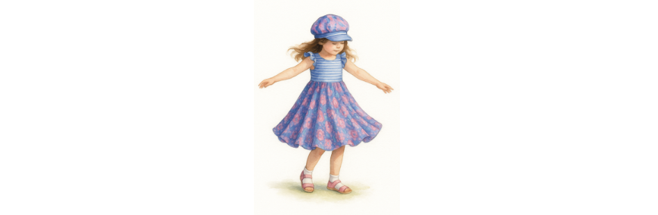 Illustration eines drehenden Mädchens im selbstgenähten Sommerkleid Sonnenzauber – inspiriert vom Schnittmuster Eleara