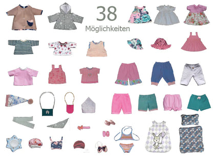 Übersicht aller 38 Schnittmuster für Puppen – Outfits für 32 bis 50 cm Puppen im PDF-Set