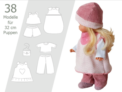 Puppenschnittmuster für 32 cm Puppen – PDF-Set mit 38 Designs für Puppenkleidung & Accessoires