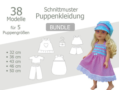 Schnittmuster-Sparpaket für Puppenkleidung – 38 Designs für Puppen von 32–50 cm als PDF